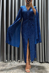 Vestido de noche midi con abertura en la cintura cruzada y mangas estilo capa con lentejuelas de Spotlight Darling